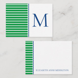 Green and White Stripe With Navy Blue Monogram Card
