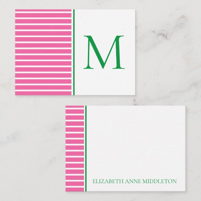 Green and White Stripe With Navy Blue Monogram Card (Front/Back)