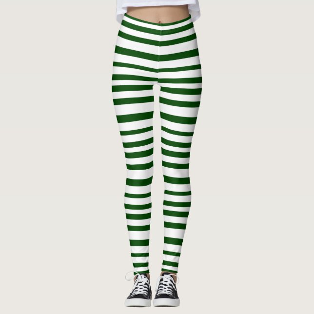 Green and White Striped Holiday Fashion Christmas Leggings (Front)