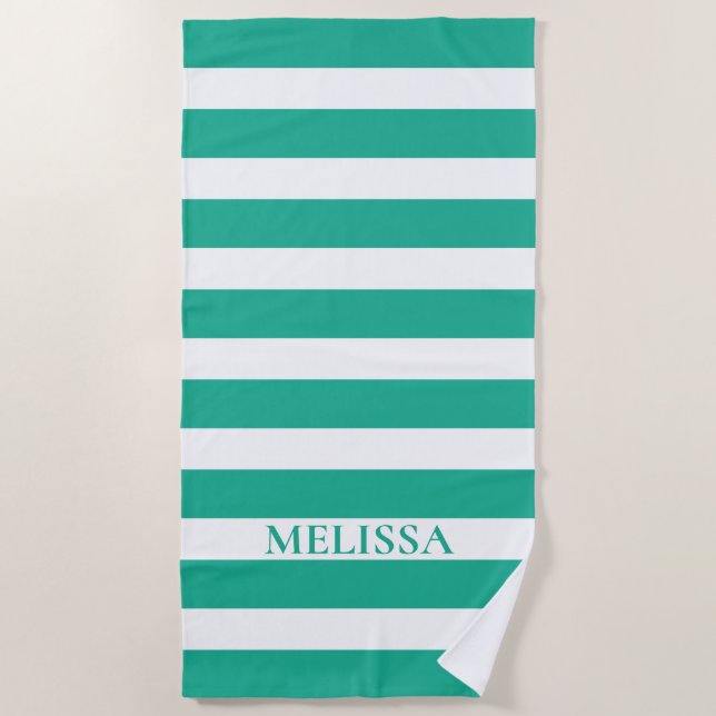 Green And White Striped Name Cabana Stripe    Beach Towel (Front)