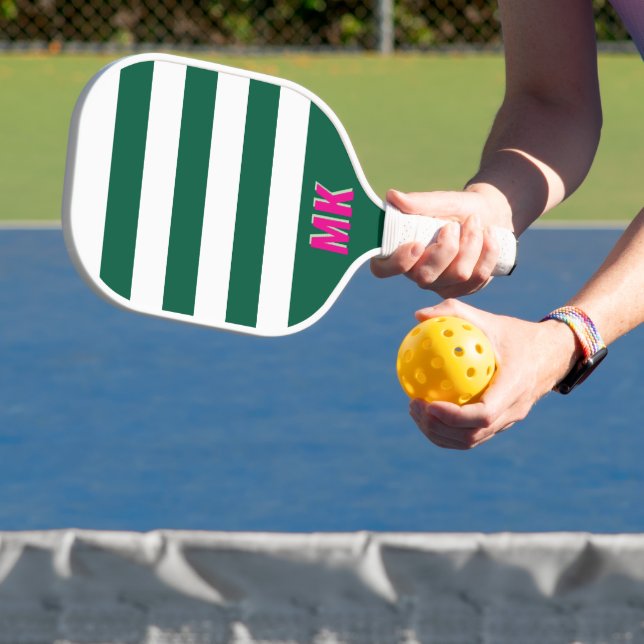 Green and White Striped Pattern Monogram Pickleball Paddle (Insitu)