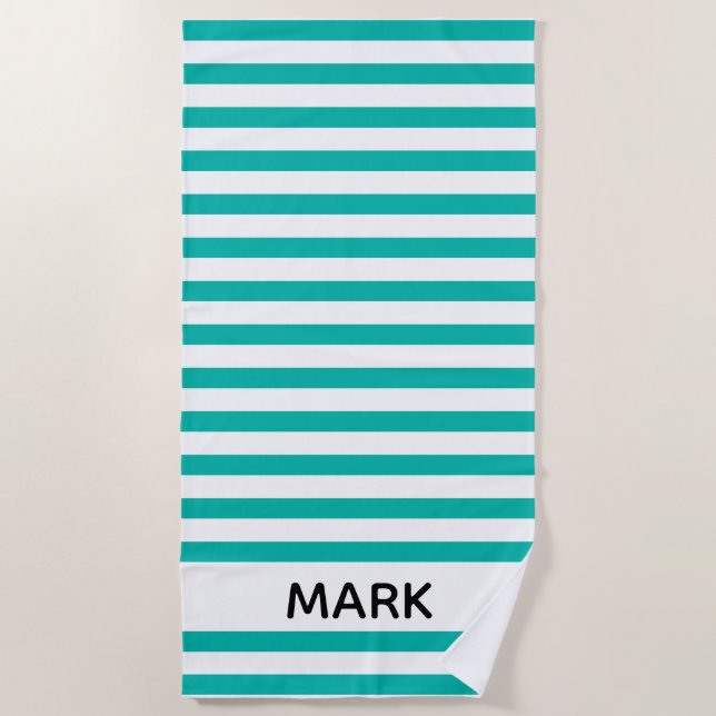 Green And White Striped Personalised Beach Towel (Front)