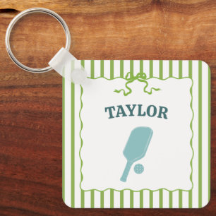 Green and White Striped Pickleball Personalised Key Ring