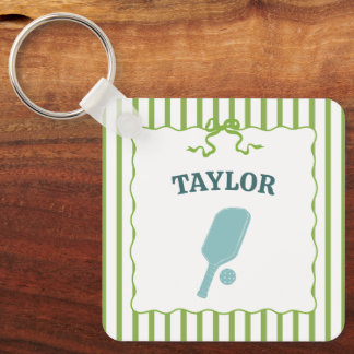 Green and White Striped Pickleball Personalised Key Ring