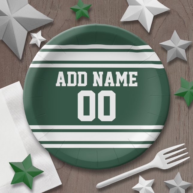 Green and White Striped Sports Jersey Personalised Paper Plate