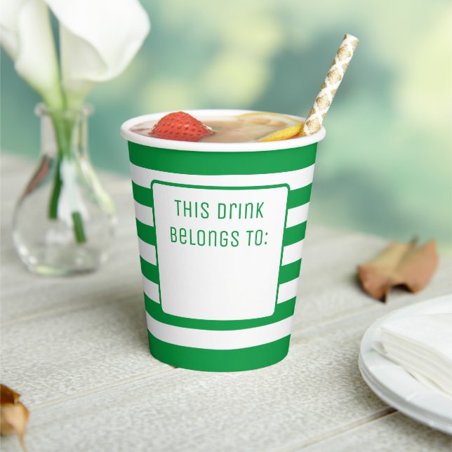 Green and White Striped "This Drink Belongs To" Paper Cups (Insitu)