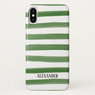 Green and White Striped Watercolor Monogram iPhone X Case