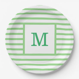 Green and White Stripes Custom Monogram Paper Plate