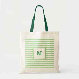 Green and White Stripes Custom Monogram Tote Bag