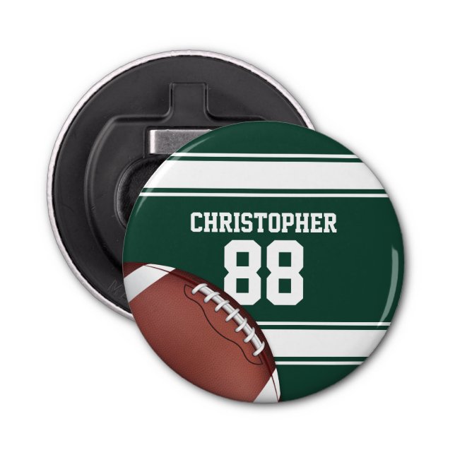 Green and White Stripes Jersey Grid Iron Football Bottle Opener (Front)