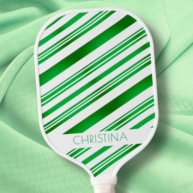 Green and White Stripes Modern Elegant Custom Name Pickleball Paddle (Creator Uploaded)