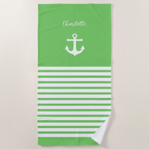 Green and White Stripes Nautical  Personalised  Beach Towel