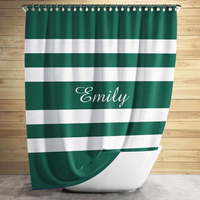Green And White Stripes Pattern Personalised Name Shower Curtain (Modern Green Stripes Pattern Name Shower Curtain)