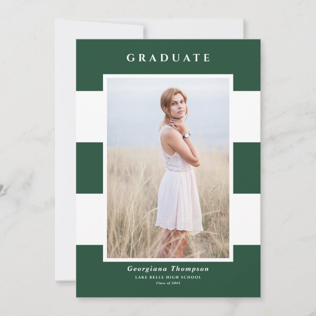 Green and White Stripes Pattern Photo Graduation Announcement (Front)