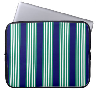 Green and white stripes pattern with navy blue laptop sleeve