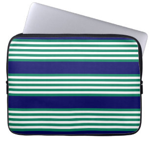 Green and white stripes pattern with navy blue laptop sleeve