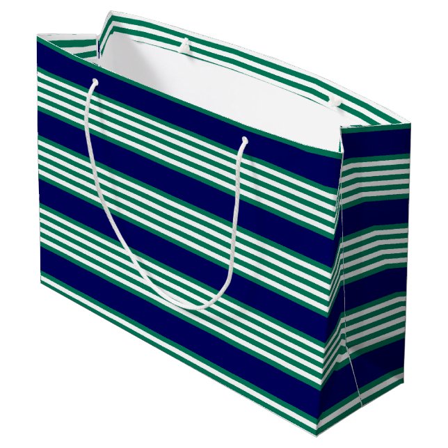 Green and white stripes pattern with navy blue large gift bag (Back Angled)