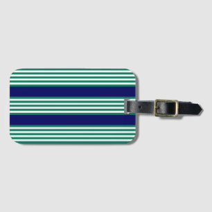 Green and white stripes pattern with navy blue luggage tag