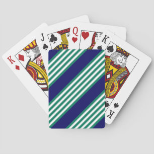 Green and white stripes pattern with navy blue playing cards