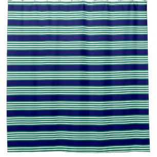 Green and white stripes pattern with navy blue shower curtain
