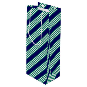 Green and white stripes pattern with navy blue wine gift bag