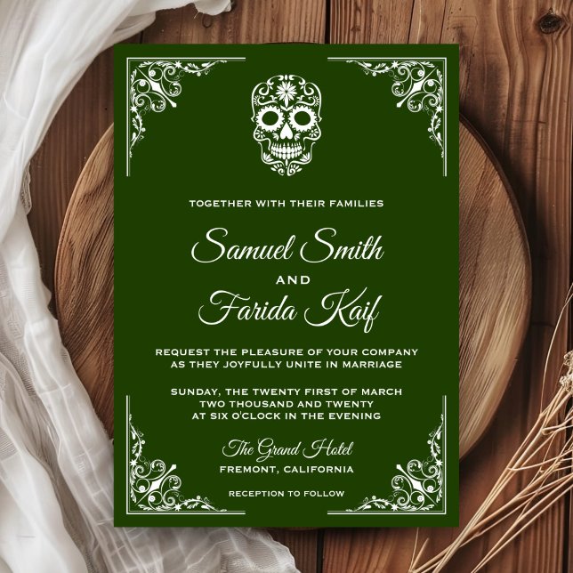 Green and White Sugar Skull Wedding Invitation (Creator Uploaded)
