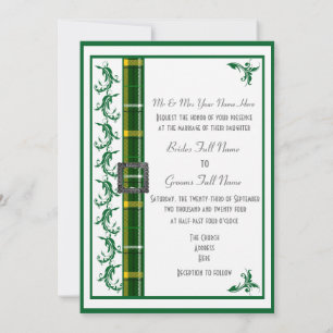 Green and white tartan plaid traditional wedding invitation
