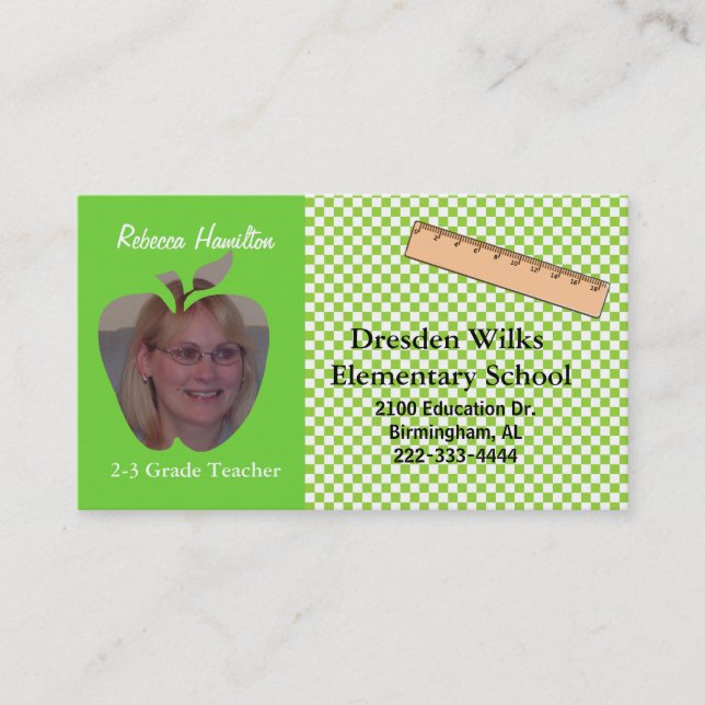 Green and White Teacher's Photo Business Card (Front)