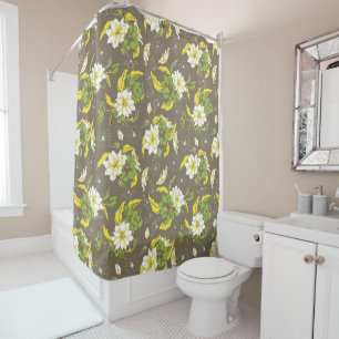Green and White Traditional Flower Pattern Shower Curtain