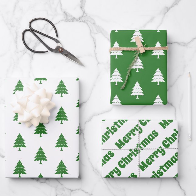 Green and white trees Merry Christmas holiday Wrapping Paper Sheet (Front)