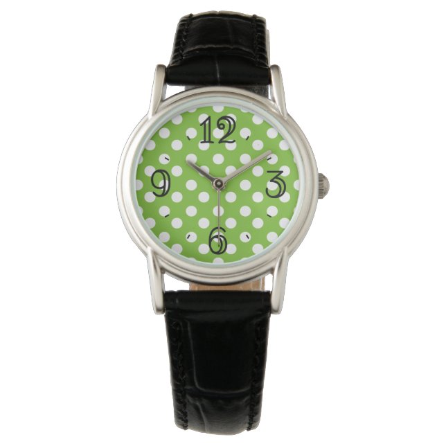Green and White Trendy Polka Dots Watch (Front)