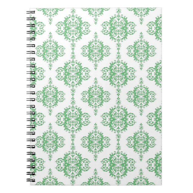 Green and White Victorian Style Damask Notebook (Front)