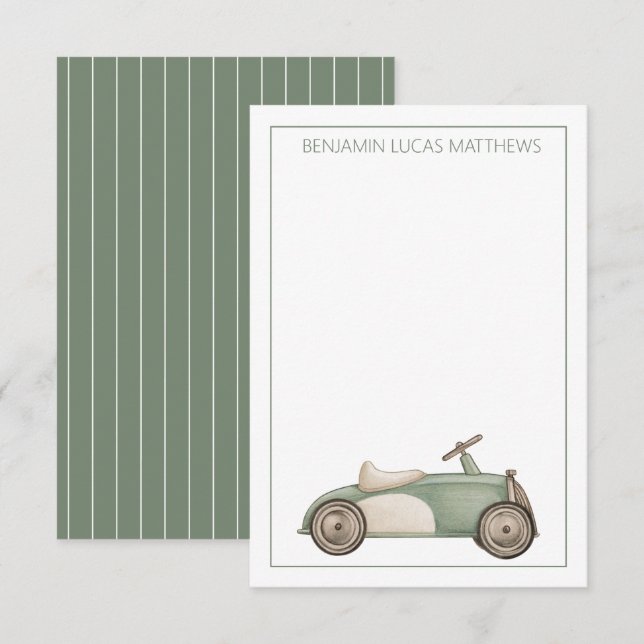 Green and White Vintage Toy Car Personalised Card (Front/Back)