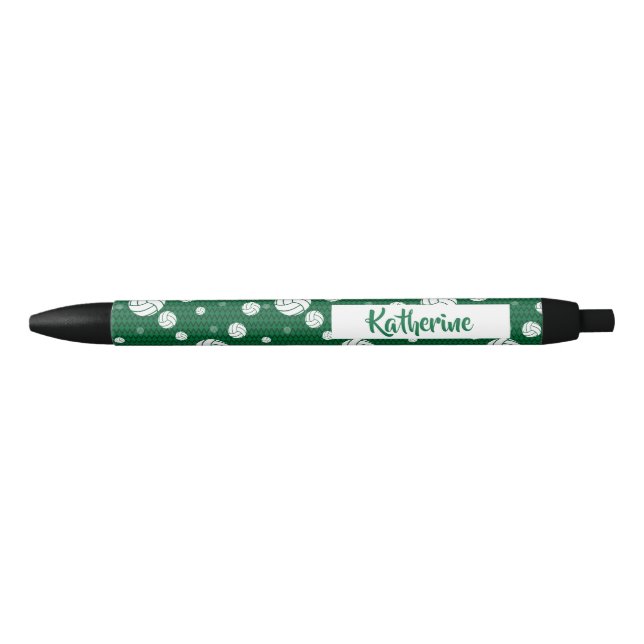 Green and White Volleyball Pattern Black Ink Pen (Front)
