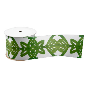 Green and White Watercolor Brush Swirl Pattern Satin Ribbon