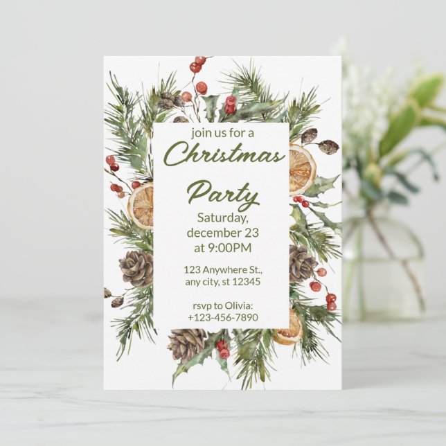 Green And White Watercolor Christmas Party  Holiday Card (Standing Front)
