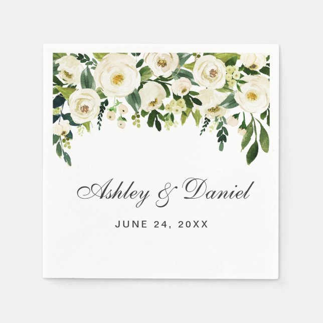 Green and White Watercolor Floral Wedding Napkin (Front)