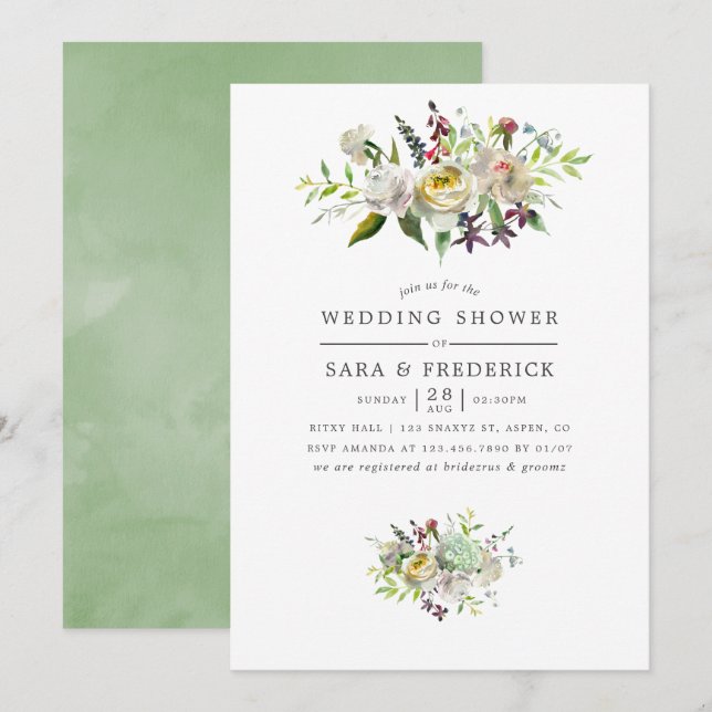 Green and White Watercolor Floral Wedding Shower Invitation (Front/Back)