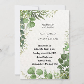 Green and white wedding invitation with floral 