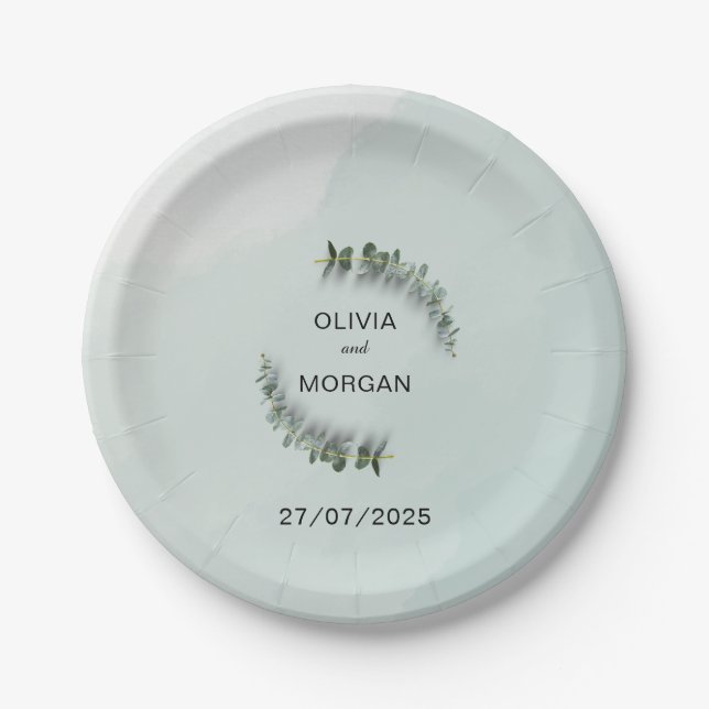 Green and White Wedding Paper Plates (Front)