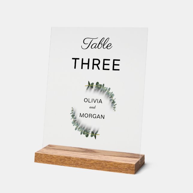 Green and White Wedding Table Number Acrylic Sign (Angle)