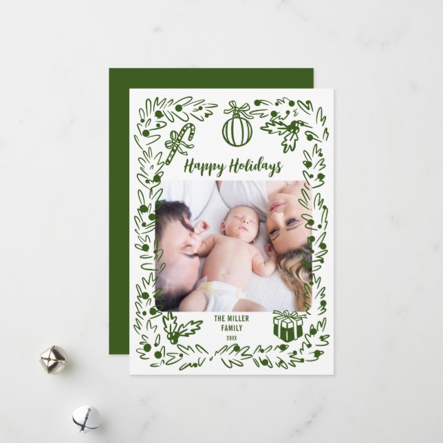 Green and white whimsical Christmas Photo Card (Front/Back In Situ)
