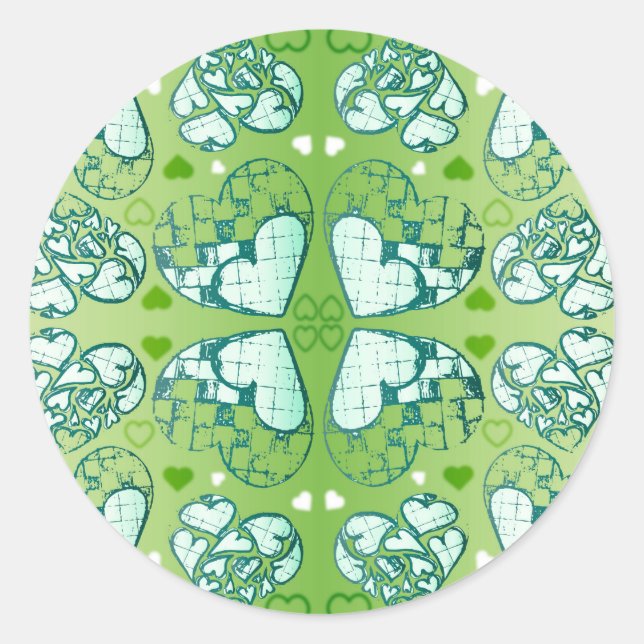 Green and white Whimsical Romantic Hearts pattern Classic Round Sticker (Front)