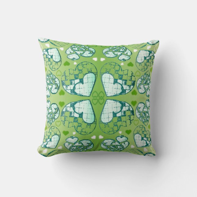 Green and white Whimsical Romantic Hearts pattern Cushion (Front)