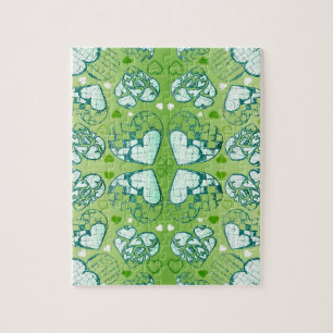 Green and white Whimsical Romantic Hearts pattern Jigsaw Puzzle