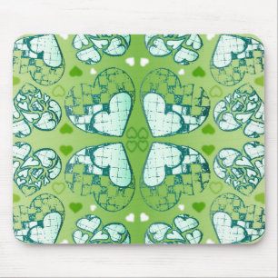 Green and white Whimsical Romantic Hearts pattern Mouse Mat
