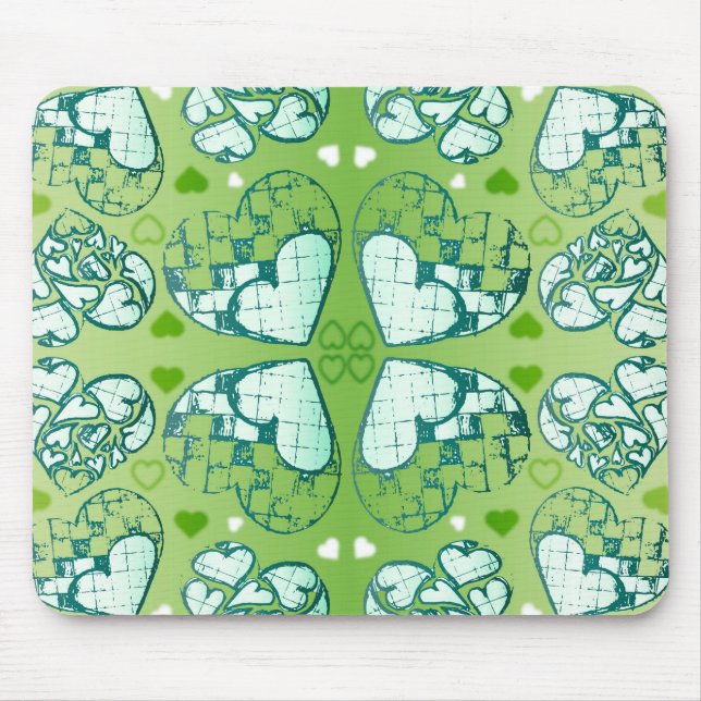 Green and white Whimsical Romantic Hearts pattern Mouse Mat (Front)