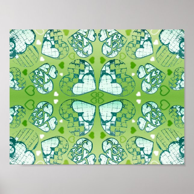 Green and white Whimsical Romantic Hearts pattern Poster (Front)
