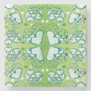 Green and white Whimsical Romantic Hearts pattern Stone Coaster