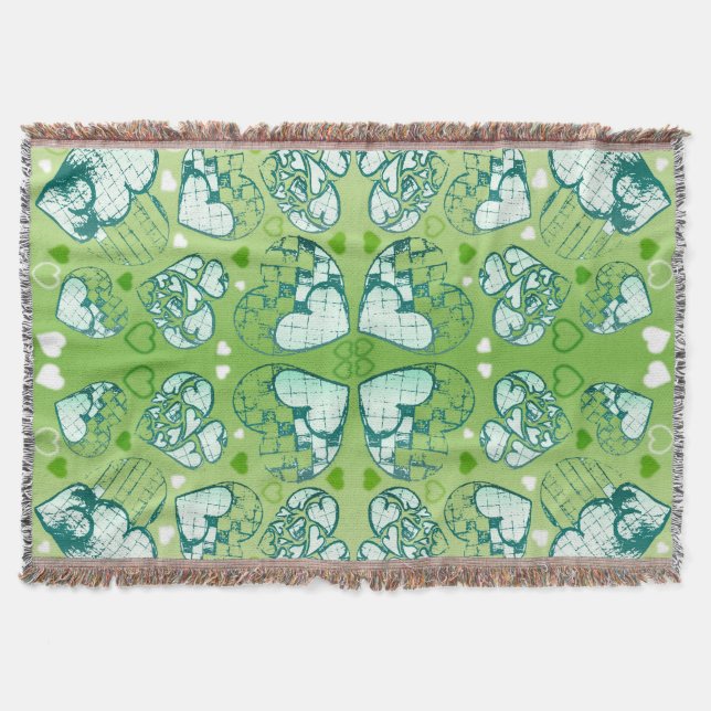 Green and white Whimsical Romantic Hearts pattern Throw Blanket (Front)